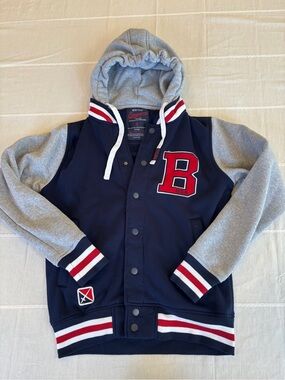 New York Escapism Varsity Letterman Jacket Hooded Bomber Coat Navy Gray Small S